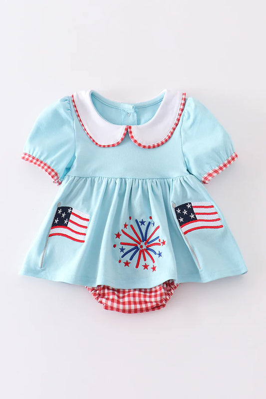Baby Girls Mint Blue Patriotic Embroidered Bubble Romper