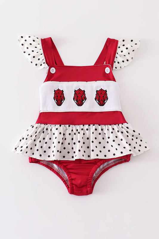 Girls Arkansas Razorback Embroidered Red One-Piece Swimsuit