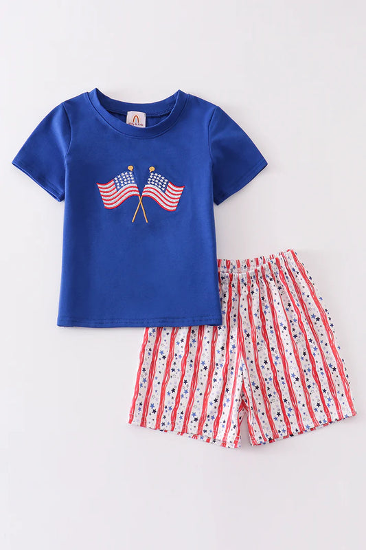 Boys Blue Patriotic Flag Embellished T-Shirt and Shorts Set